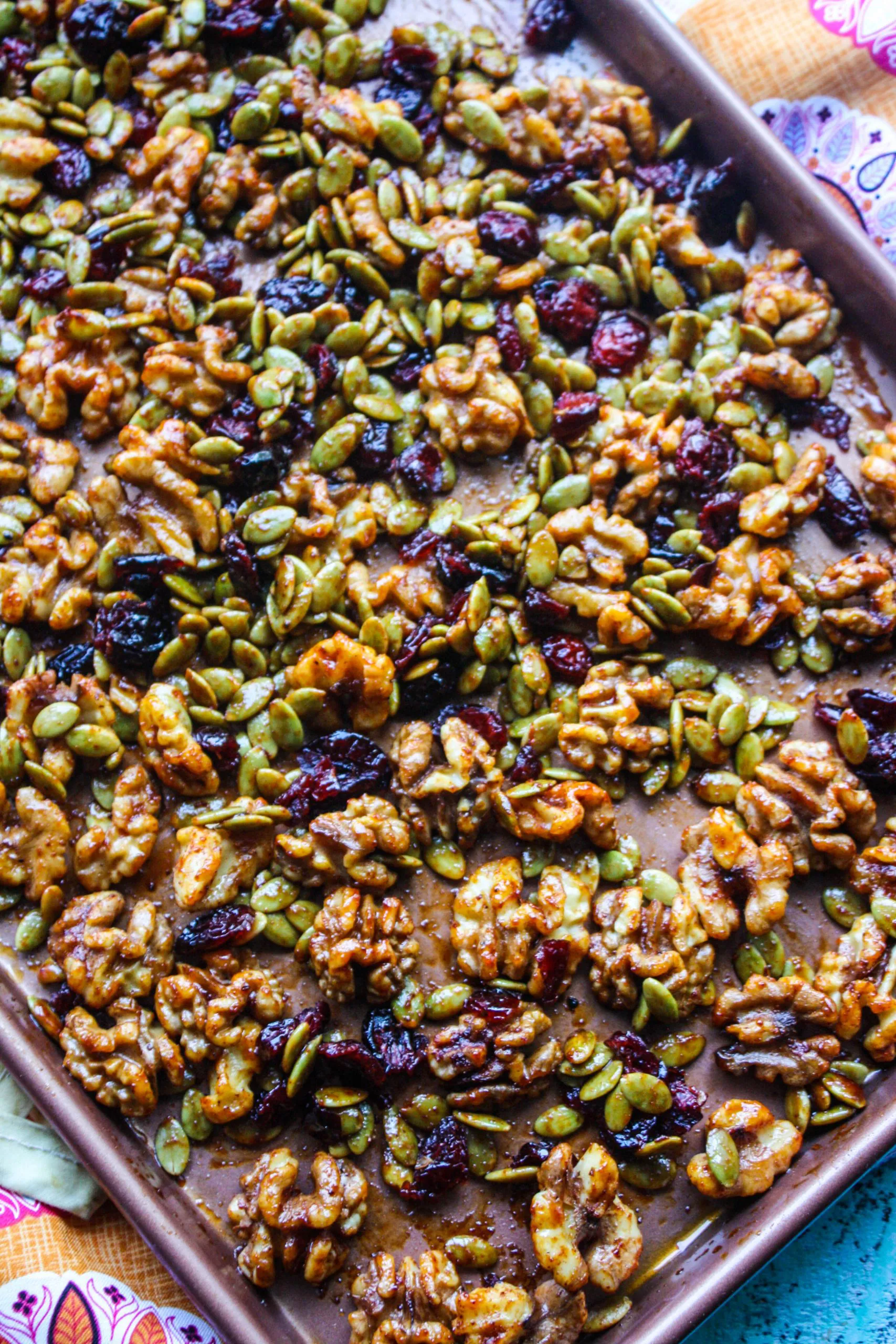 Pan of Sweet, Spicy & Citrus Roasted Walnut Mix for a great snack!