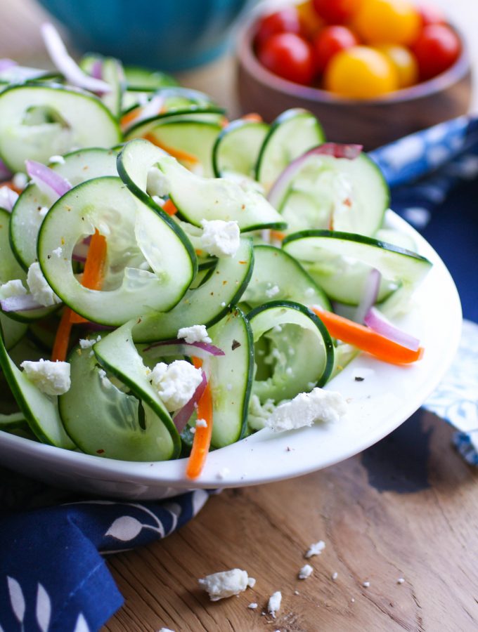 Sweet and Tangy Cucumber Ribbon Salad is a delightfully simple dish. You'll love the fresh flavors in this salad.
