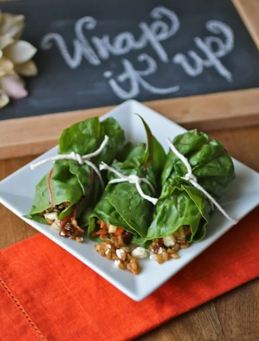 A trio of Swiss Chard Rolls with Wheat Berry Salad