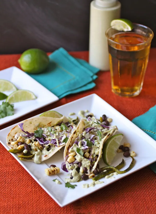 Grilled Corn, Peppers & Black Bean Tacos with Creamy Poblano Sauce
