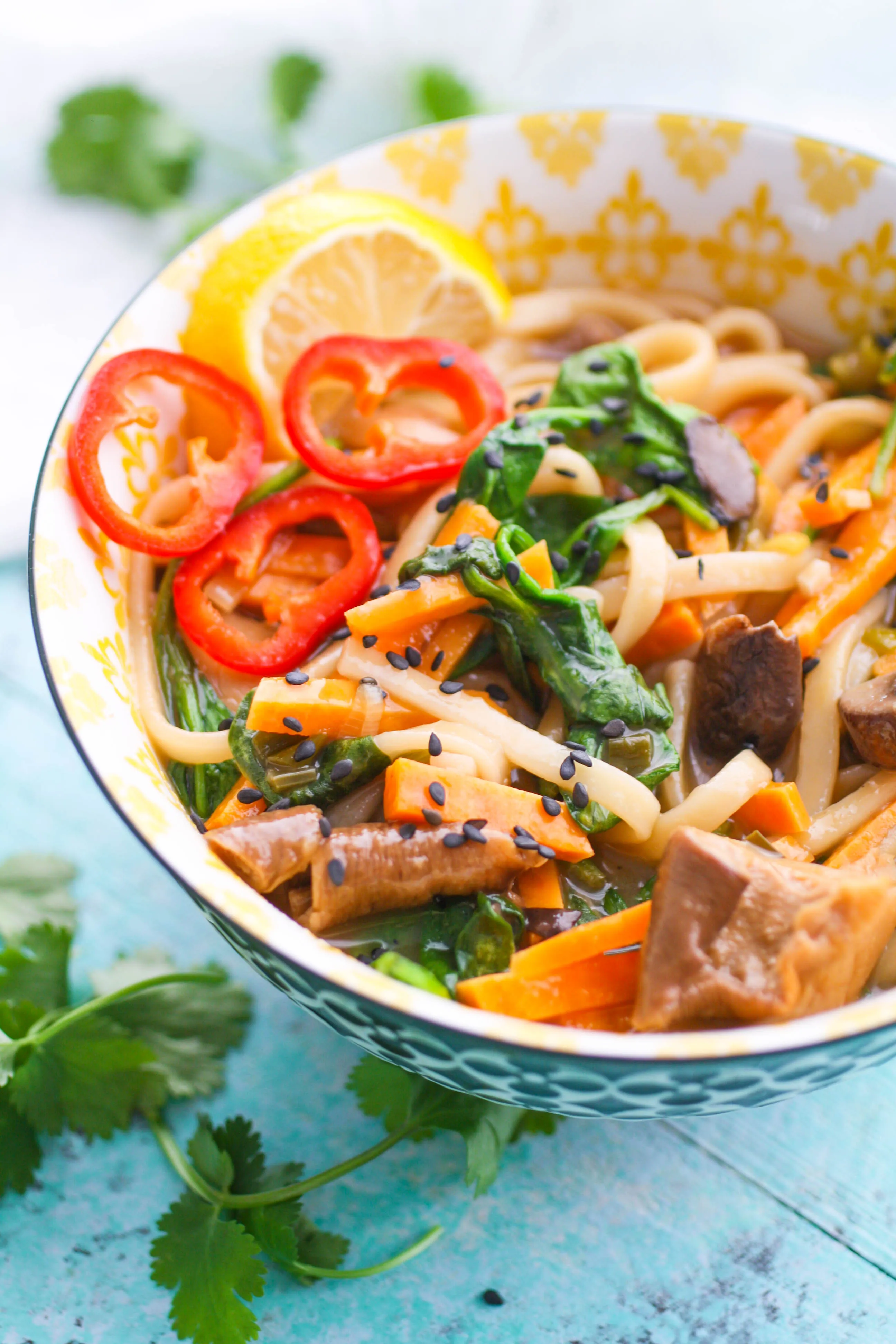 Udon Noodle Bowls with Mushroom, Sweet Potato & Spinach make a delicious meal. You'll love these udon noodle bowls for their big flavor!