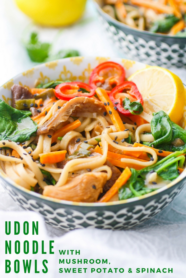 Udon Noodle Bowls with Mushroom, Sweet Potato & Spinach make a satisfying meal. You'll love that you can easily make Udon Noodle Bowls with Mushroom, Sweet Potato & Spinach at home!
