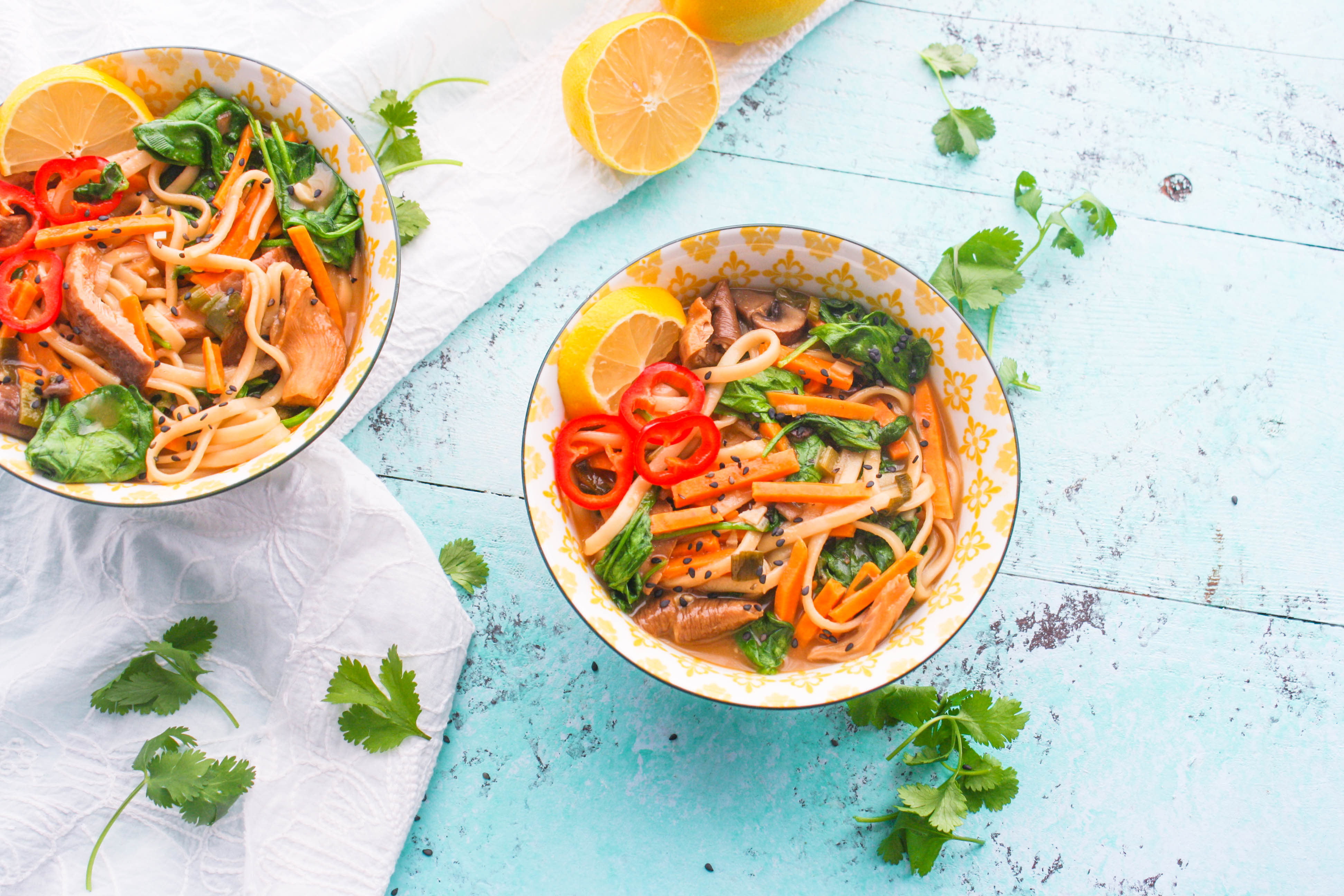 Udon Noodle Bowls with Mushroom, Sweet Potato & Spinach are easy to make at home (and so tasty)! You'll love sharing these Udon Noodle Bowls with Mushroom, Sweet Potato & Spinach with your family and friends! 