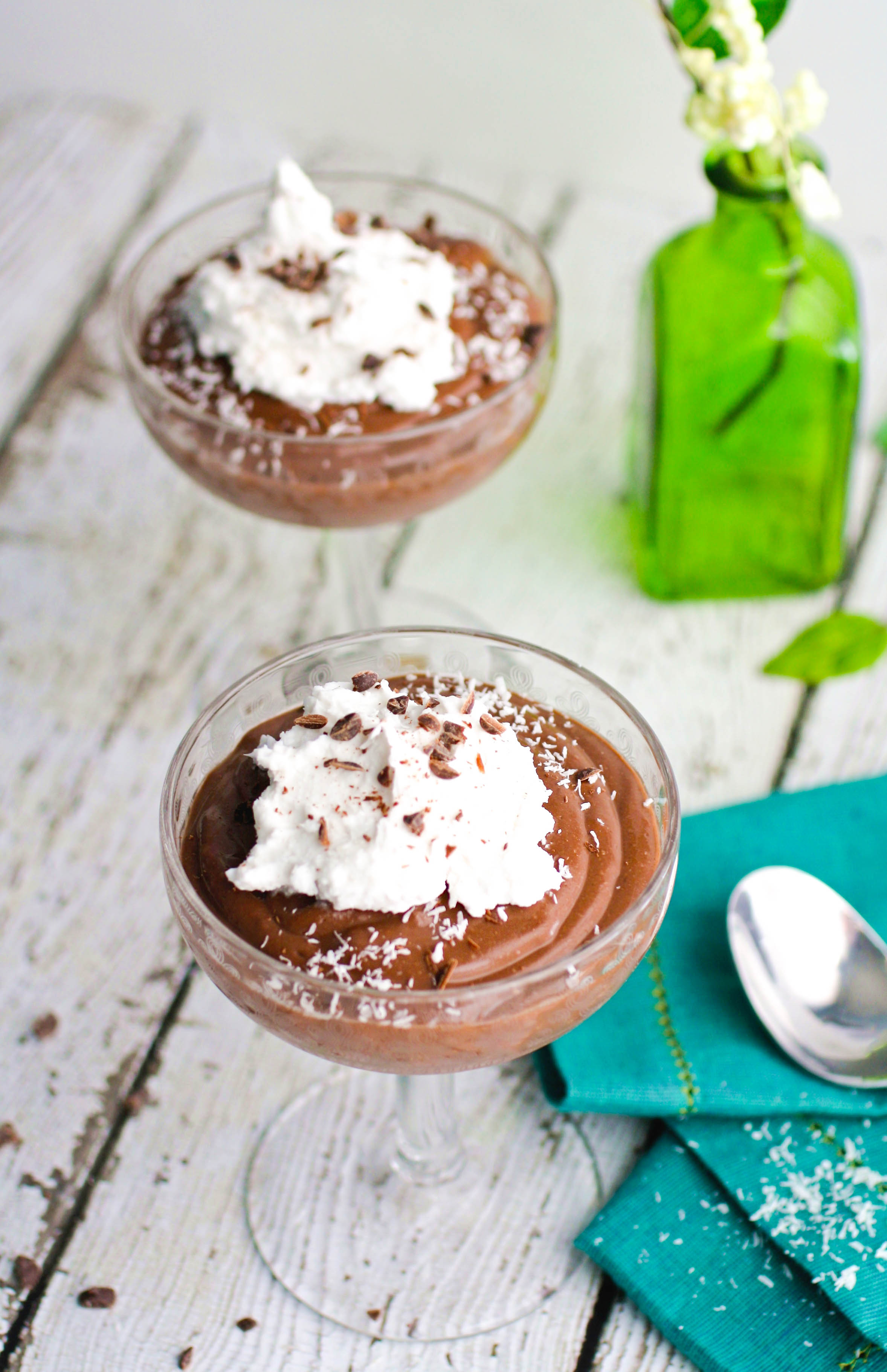 Vegan Chocolate-Almond Mousse with Coconut Whipped Topping is a treat every chocolate lover will enjoy! This vegan chocolate mousse is so dreamy and tasty!