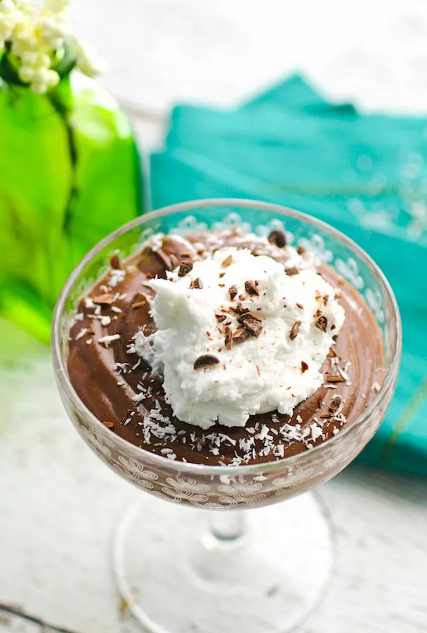 Vegan Chocolate-Almond Mousse with Coconut Whipped Topping is a fun and rich treat. If you love chocolate, you'll love this vegan chocolate mousse!