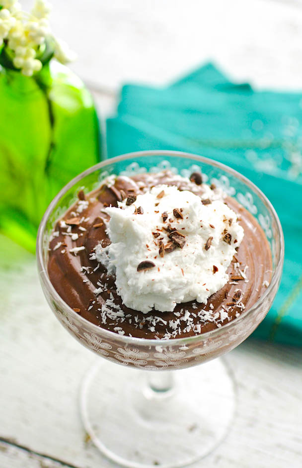 Vegan Chocolate-Almond Mousse with Coconut Whipped Topping is a fun and rich treat. If you love chocolate, you'll love this vegan chocolate mousse!