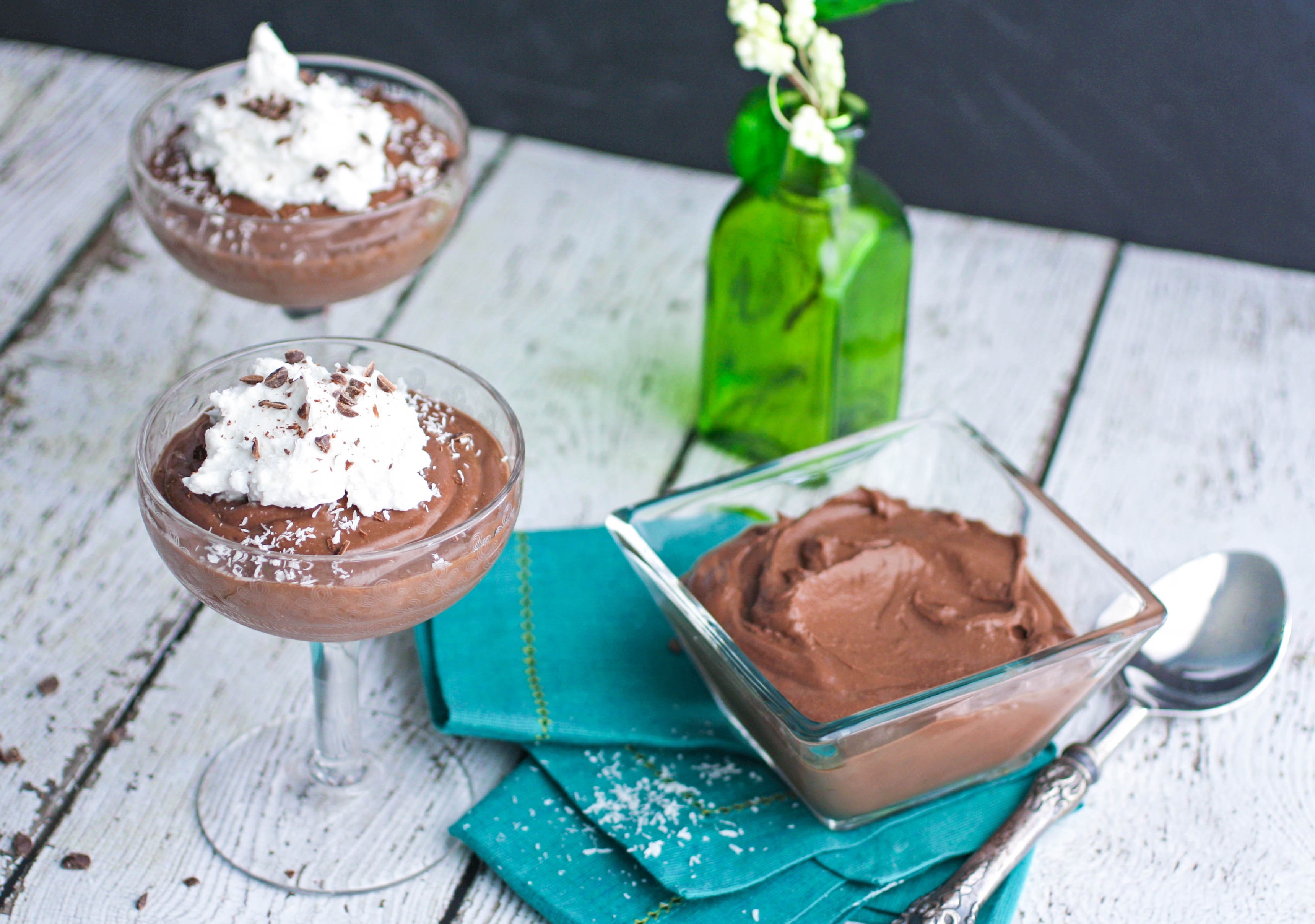 Vegan Chocolate-Almond Mousse with Coconut Whipped Topping is a dessert that is super dreamy. You'll love this vegan chocolate mousse!