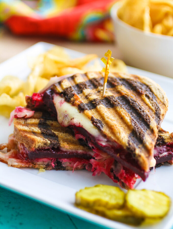 Vegetarian Beet Reuben Panini Sandwich sliced and ready to enjoy!