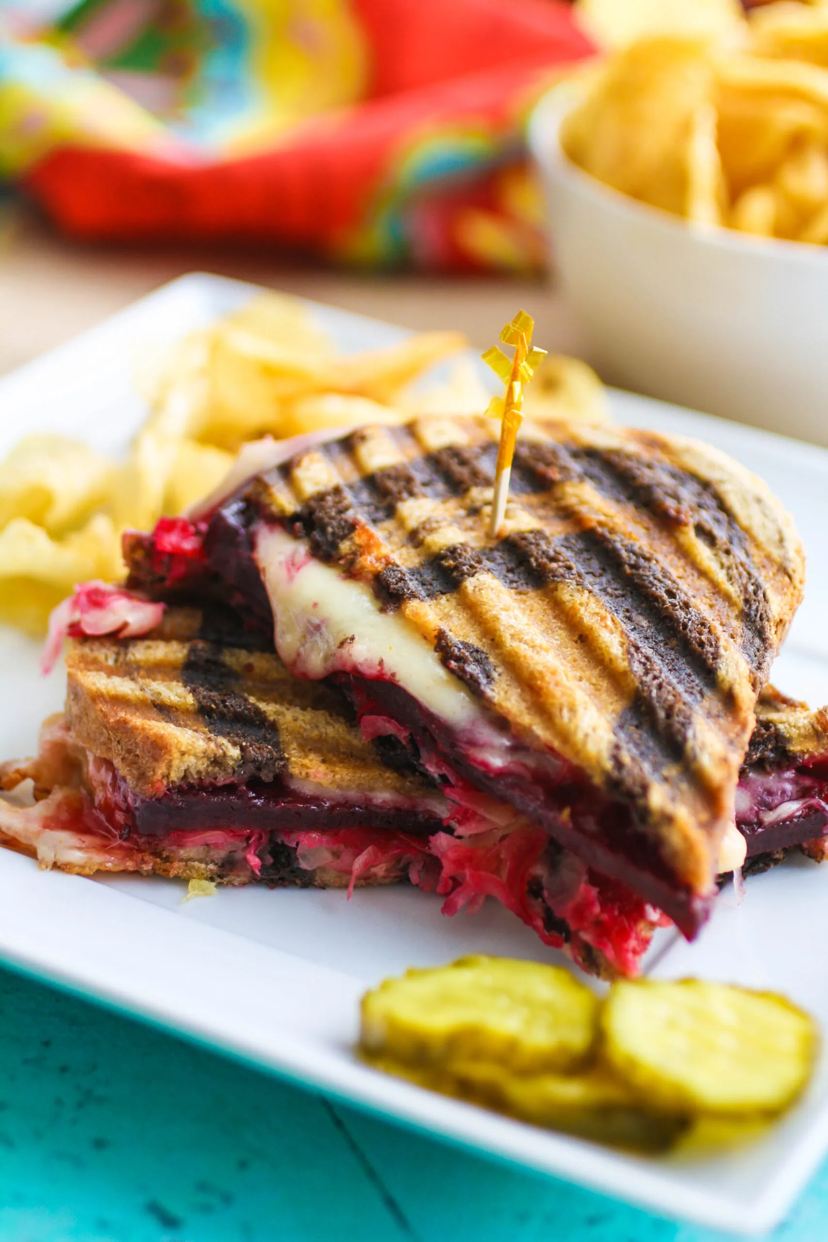 This Vegetarian Beet Reuben Panini Sandwich is sliced and ready to enjoy! What a tasty sandwich!