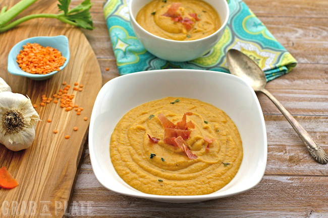 A bowl of Roasted Garlic and Red Lentil Soup: Vegan and Gluetn Free