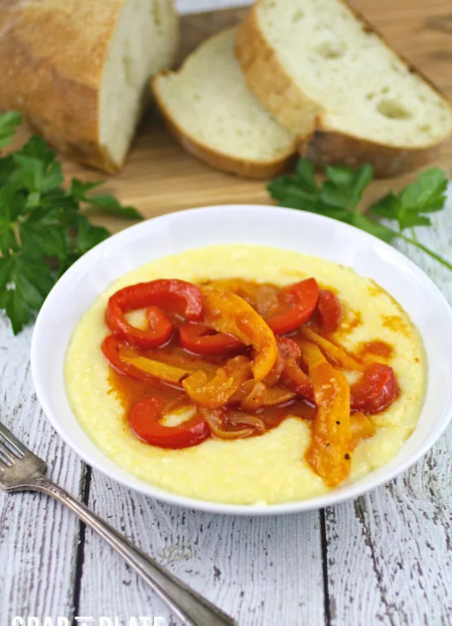 This vegetarian dish, Creamy Polenta with Peppers and Onions, is filling and delicious