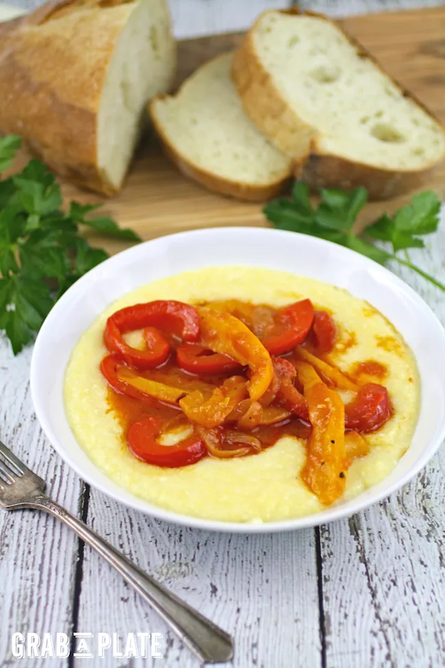 This vegetarian dish, Creamy Polenta with Peppers and Onions, is filling and delicious