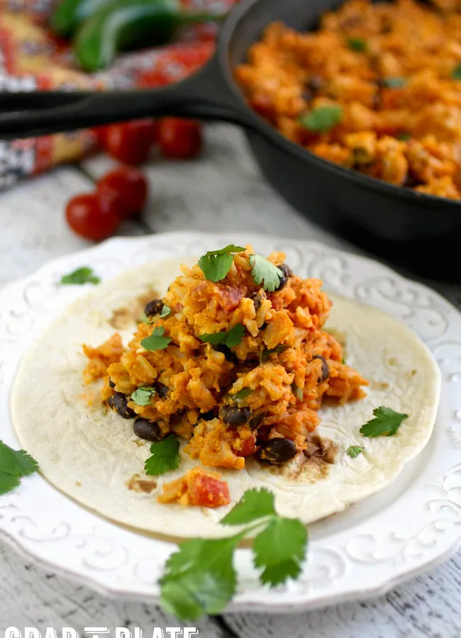 Pile your plate high with Skillet Spanish Rice Scramble for a filling meal