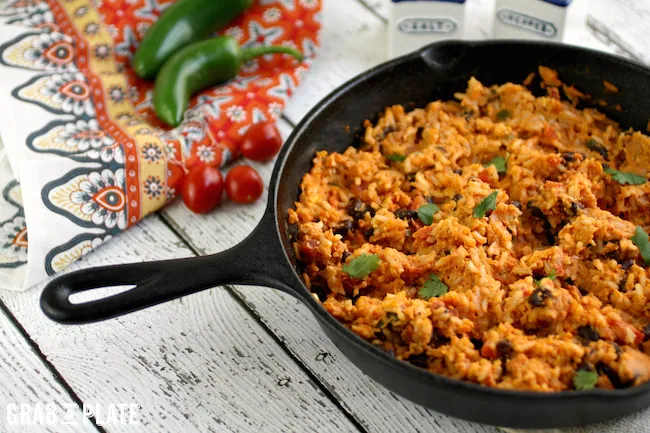 Scrambled eggs and black beans add delicious protein to Skillet Spanish Rice Scramble