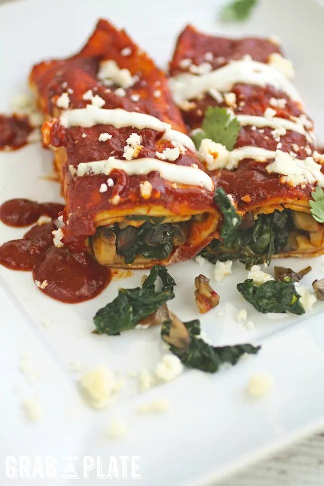 Mushrooms and Kale Enchiladas with Red Sauce are filled with goodness, and perfect for Meatless Monday. You'll love them!