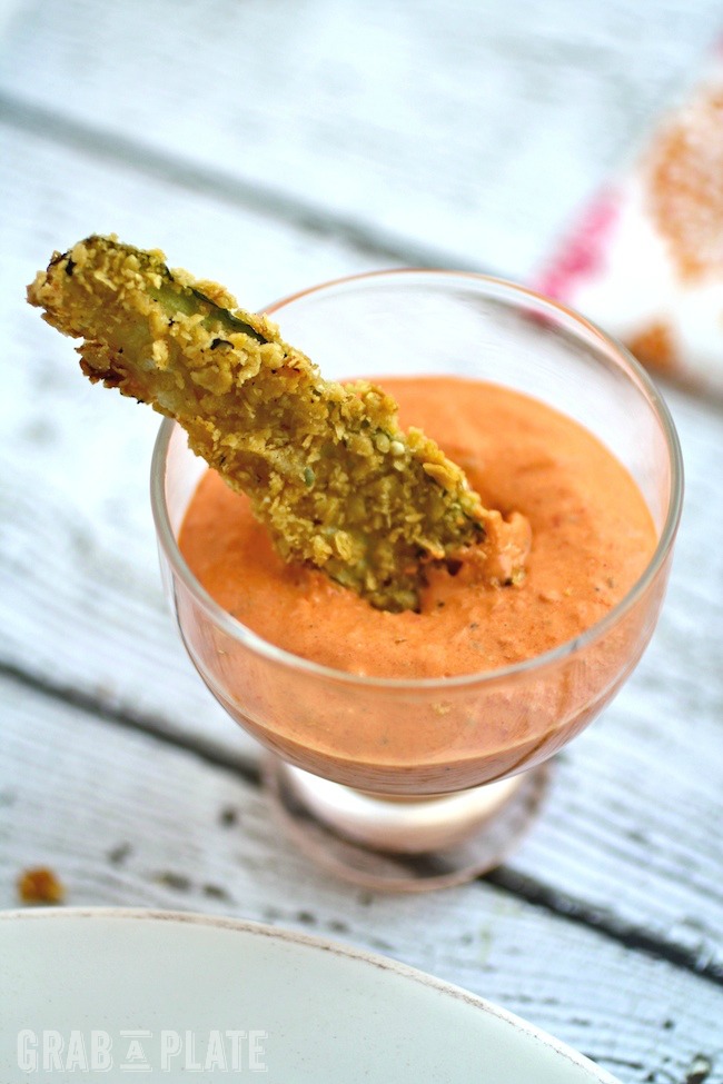 Dip in with Tortilla-Crusted Zucchini Fries with Spicy Red Pepper Dip