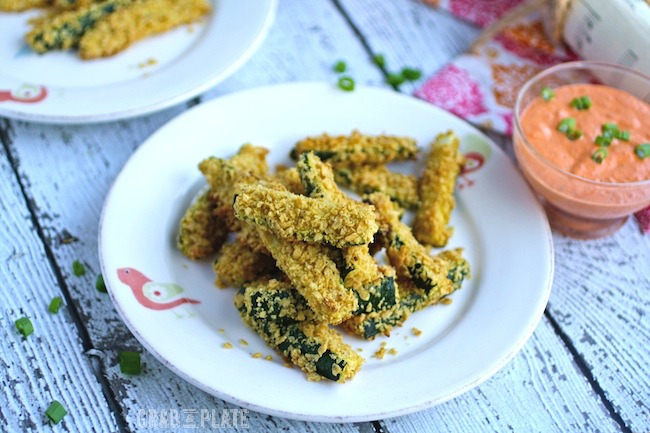 On the table: Tortilla-Crusted Zucchini Fries with Spicy Red Pepper Dip