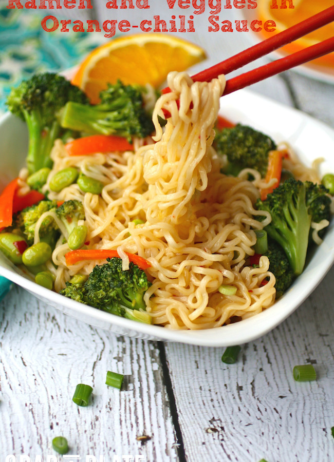 Dig into a bowl of Ramen and Veggies in Orange-Chili Sauce for easy-to-make comfort food