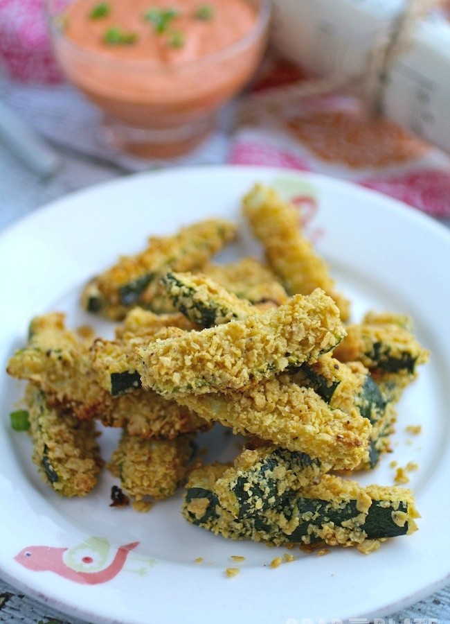 Grab a snack! Tortilla-Crusted Zucchini Fries with Spicy Red Pepper Dip