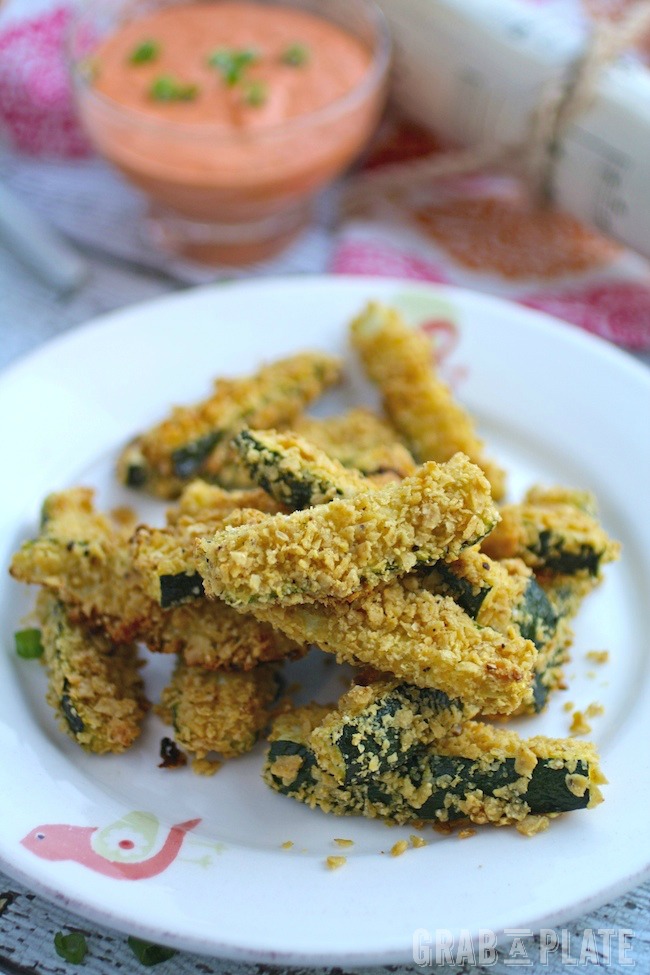 Grab a snack! Tortilla-Crusted Zucchini Fries with Spicy Red Pepper Dip