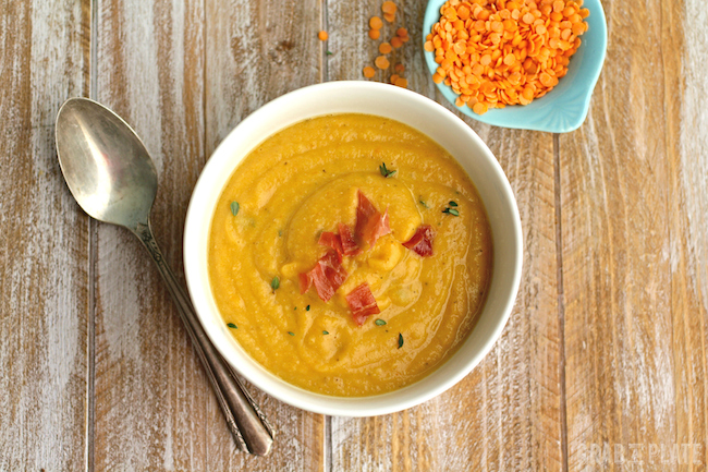 A single bowl of Roasted Garlic and Red Lentil Soup - a gluten-free and veagn option