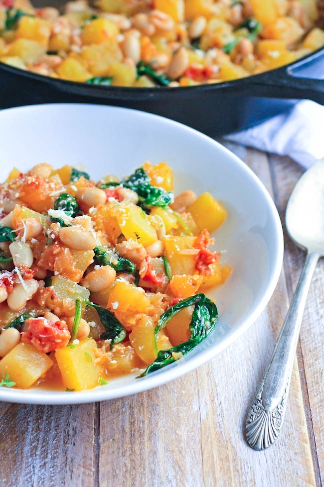 Winter Squash, White Bean, and Spinach Sauté is a delicious dish make with simple ingredients. You'll love this winter squash dish, perfect for a Meatless Monday.
