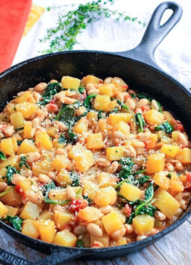 Winter Squash, White Bean & Spinach Sauté is delicious! You'll love the simple ingredients and big flavors in this winter squash dish.