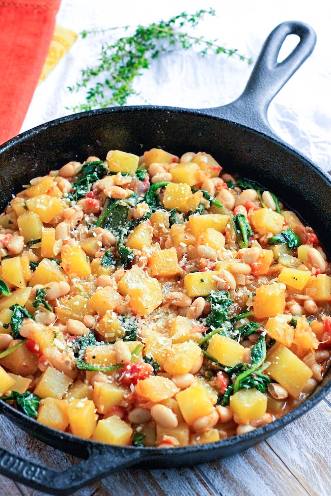 Winter Squash, White Bean & Spinach Sauté is delicious! You'll love the simple ingredients and big flavors in this winter squash dish.