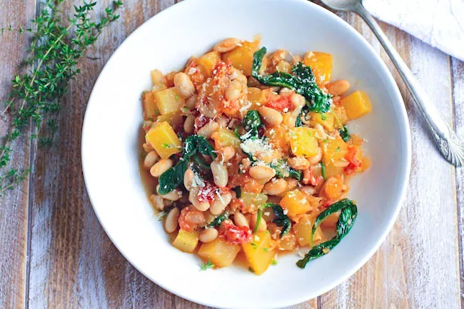 Winter Squash, White Bean & Spinach Sauté is a great dish to serve for your next Meatless Monday meal. You'll love this winter squash dish that is big on flavor and so easy to make!