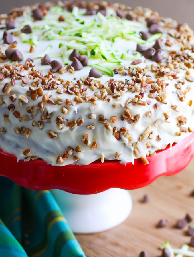 Zucchini-Banana Cake with Cream Cheese Frosting is a lovely, seasonal dessert. This cake is moist, delicious, and perfect for a special event!