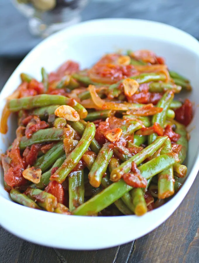 Fresh is best for this side dish of Green Beans in Tomato Sauce.