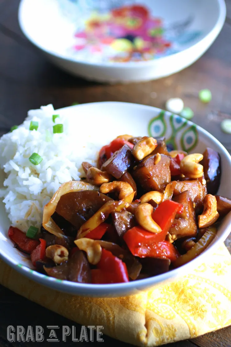 Delight in Spicy Eggplant Stir-Fry with Cashews any night of the week for a hearty, meatless dish!