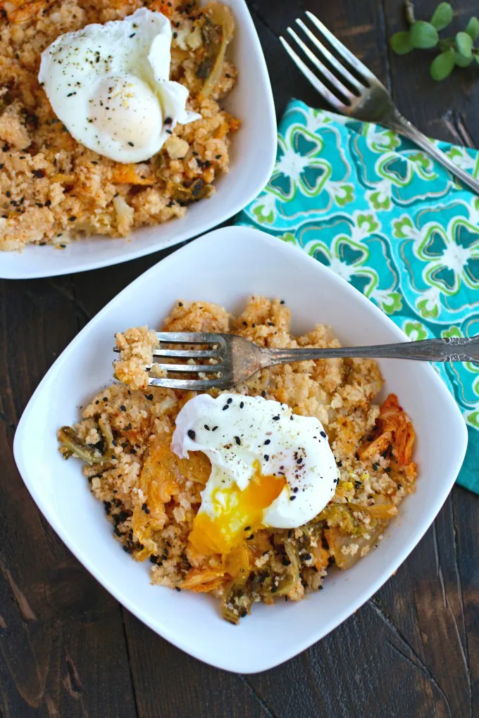 Ready for a simple, flavorful dish? Try Kimchi and Cauliflower Fried "Rice" with Poached Eggs!
