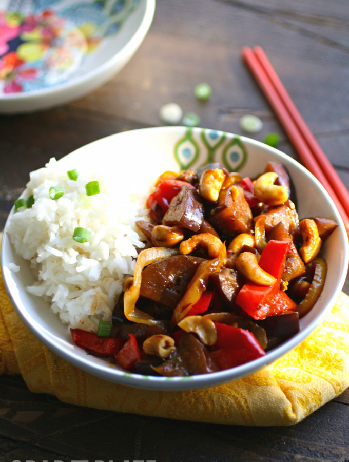 Spicy Eggplant Stir-Fry with Cashews is a hearty, meatless dish you'll love any day of the week!