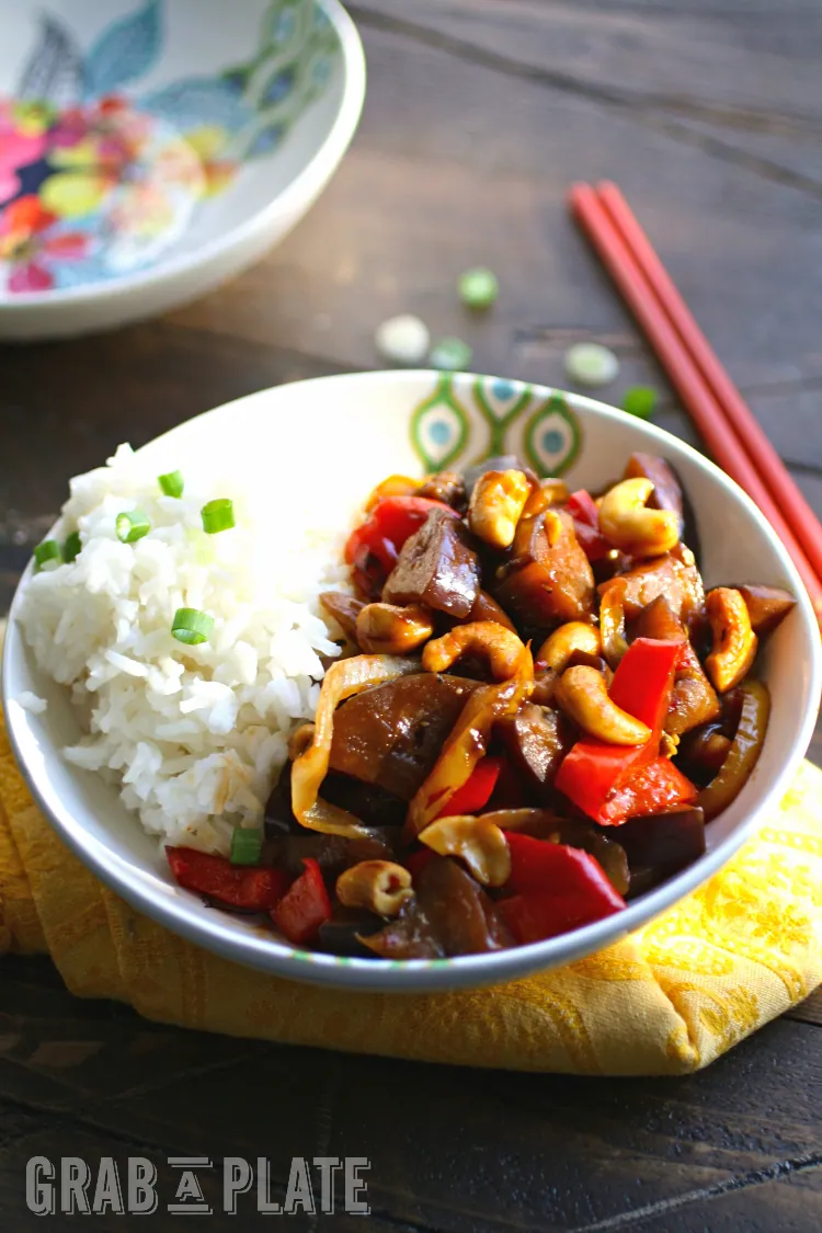 Spicy Eggplant Stir-Fry with Cashews is a hearty, meatless dish you'll love any day of the week!