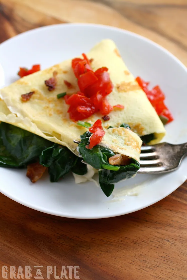 Dig into a delicious breakfast or breakfast-for-dinner dish: Spinach, Bacon, and Brie Crêpes