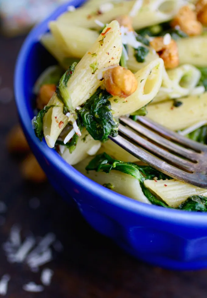 Pasta with Rapini and Crispy Chickpeas is a simple dish with great flavor and texture!