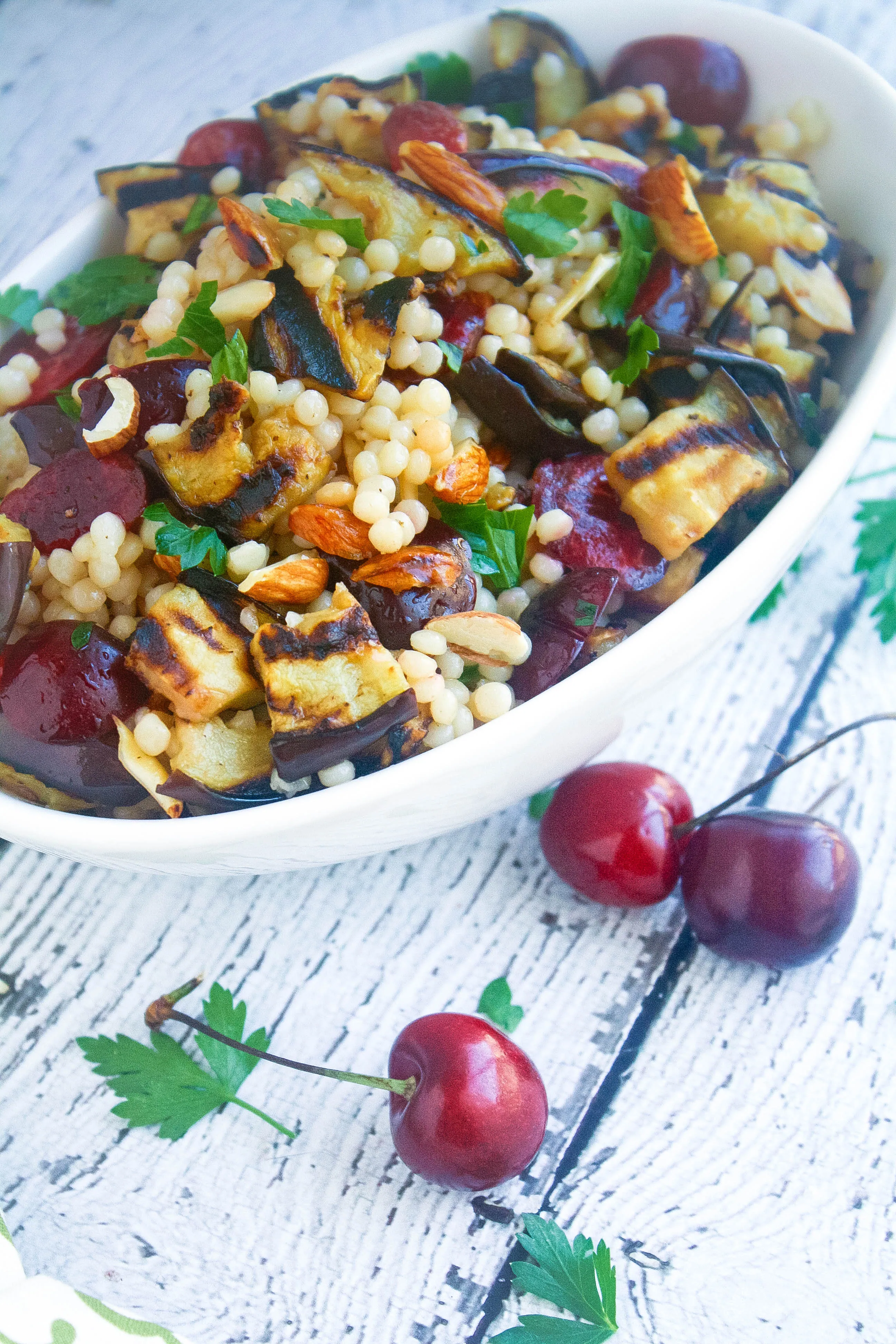 Grilled Eggplant, Cherries, and Couscous Salad is a nice dish to enjoy for Meatless Monday, or any day of the week! Grilled Eggplant, Cherries, and Couscous Salad is a great salad for the season.