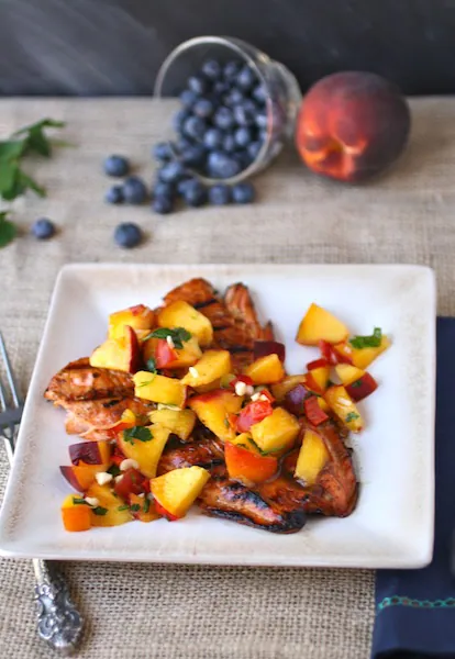Molasses-glazed salmon with swee-and-spicy peach salsa