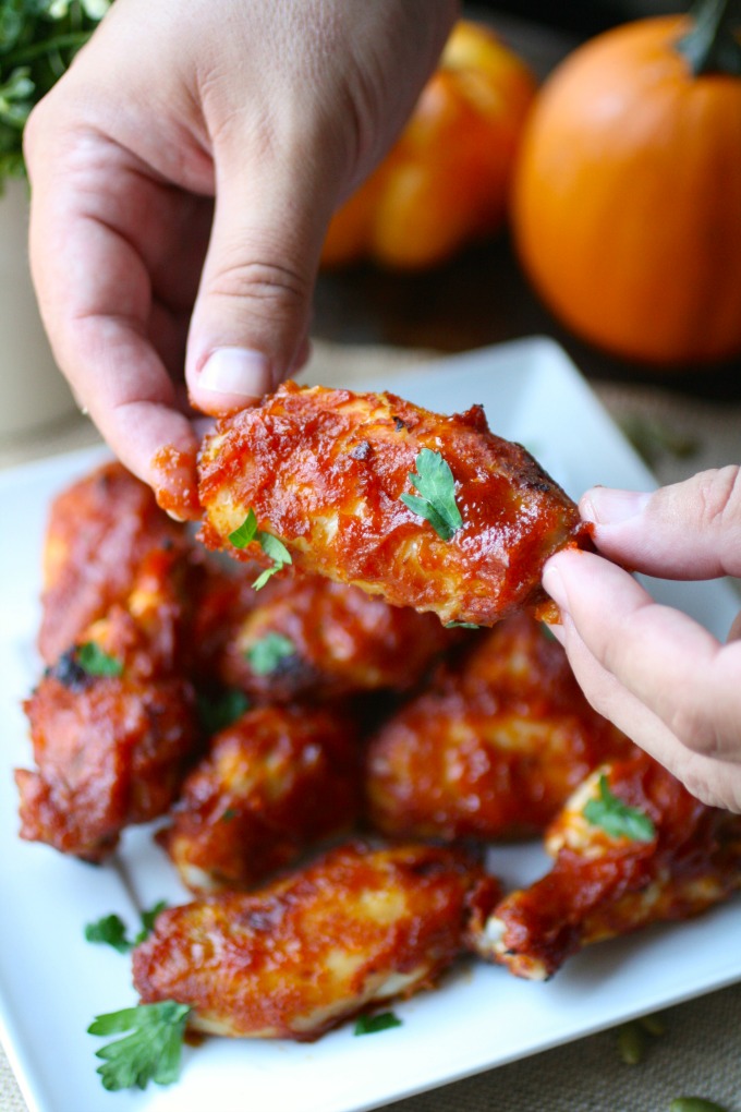 Grab a few napkins to have on hand when you enjoy these Pumpkin Sriracha Baked Chicken Wings!