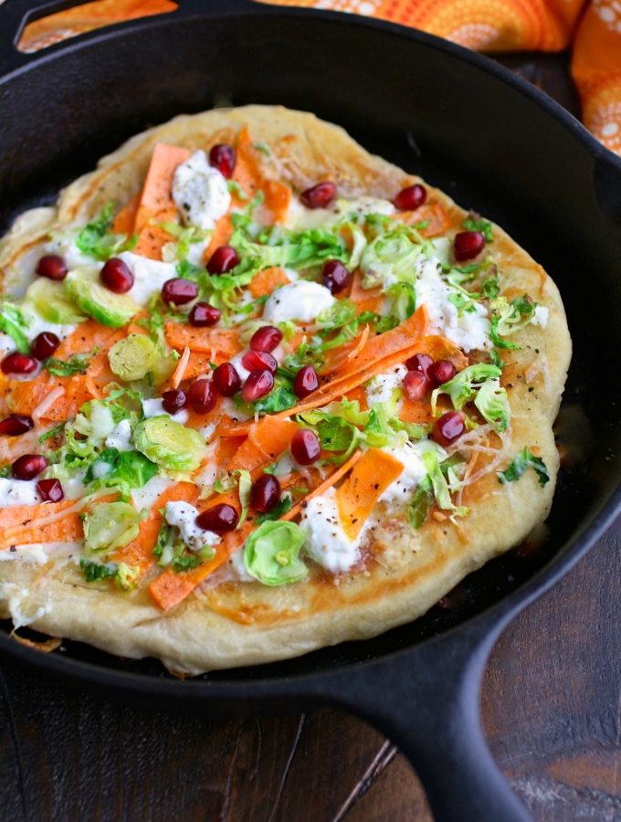 Quick, easy, meatless, and delicious! Skillet Pizza with Sweet Potatoes, Brussels Sprouts, and Ricotta