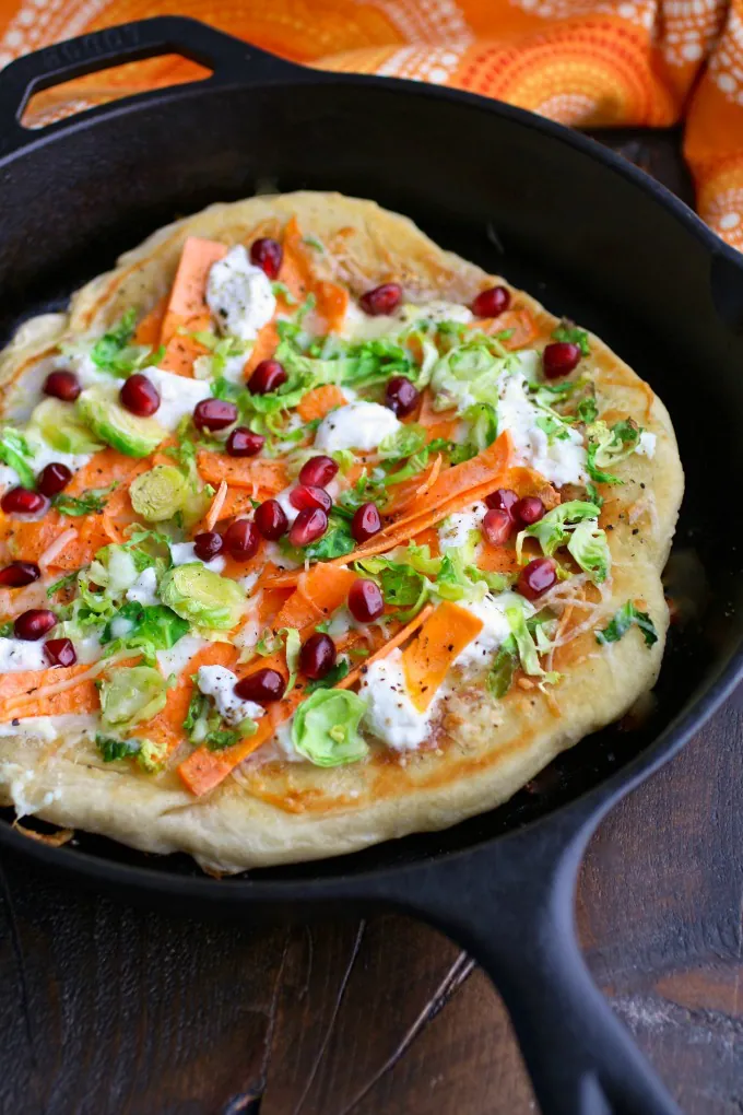 Quick, easy, meatless, and delicious! Skillet Pizza with Sweet Potatoes, Brussels Sprouts, and Ricotta