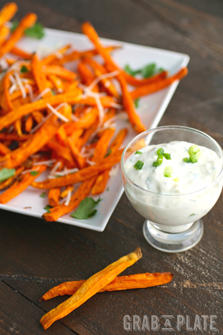 You'll love these baked Sweet Potato "Fries" with Jalapeno-Onion Ranch Dip!