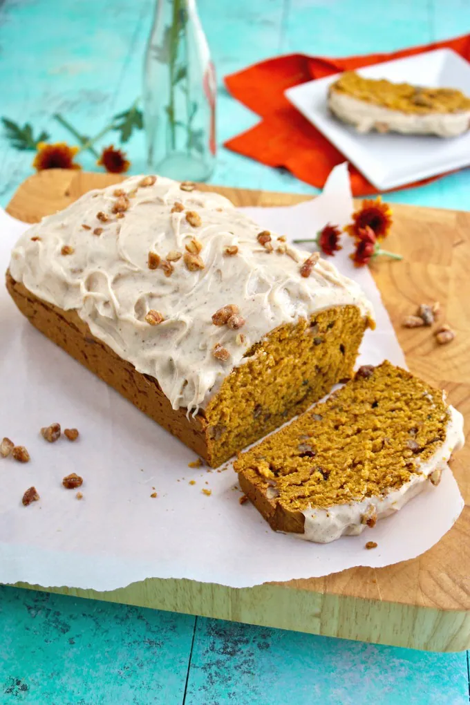 Make a loaf for yourself, or take it to a friend! Pecan-Pumpkin Bread with Chai Cream Cheese Frosting is delicious!