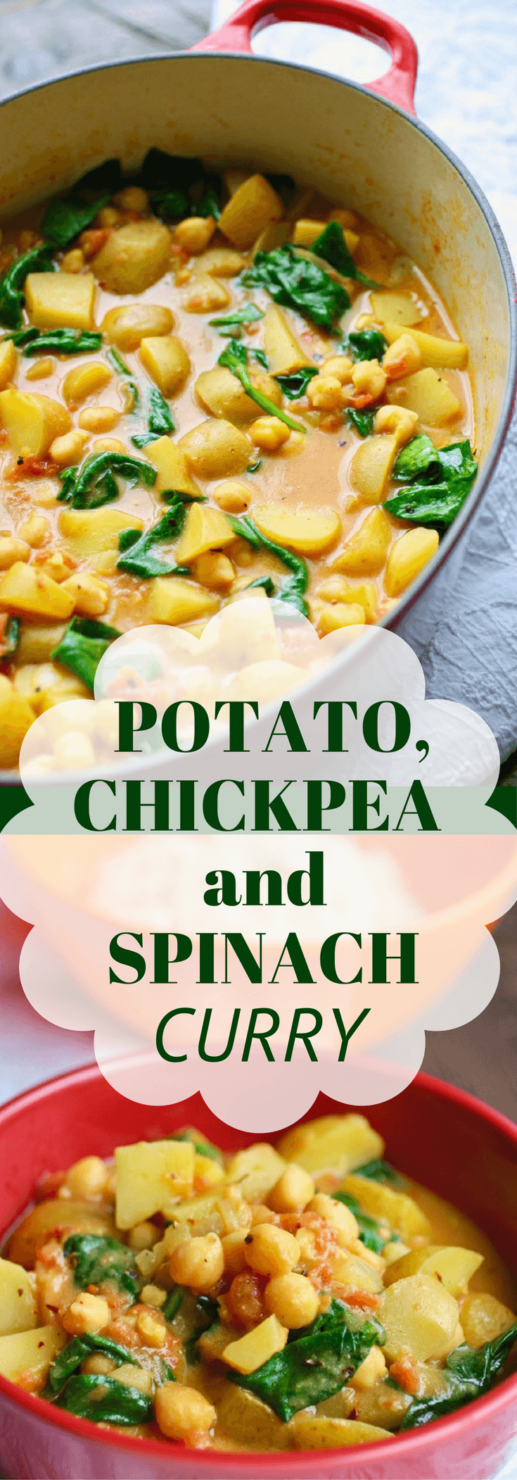 Potato, Chickpea, and Spinach Curry is a delight! It's filling and big on flavor!