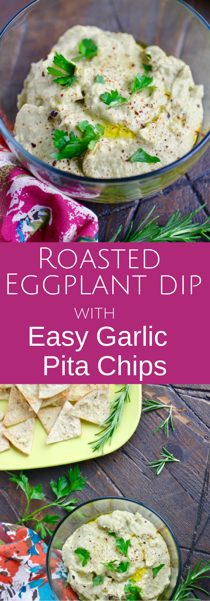 You'll love this flavorful combo: Roasted Eggplant Dip with Easy Garlic Pita Chips -- great to serve any time!