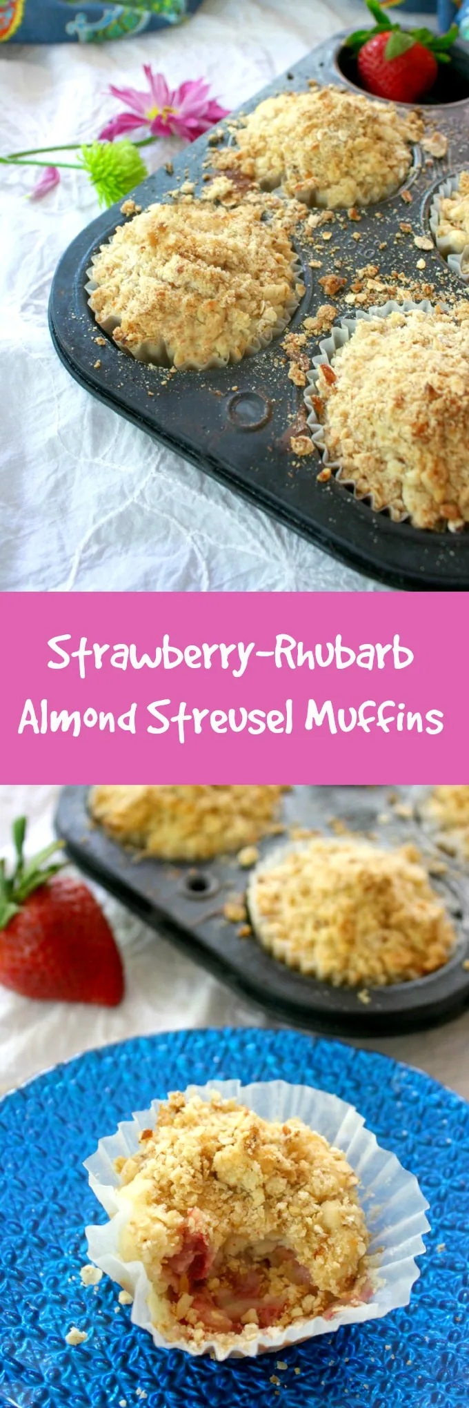 Strawberry-Rhubarb Almond Streusel Muffins are perfect this time of year. Fresh rhubarb won't be around long, so make them while you can.
