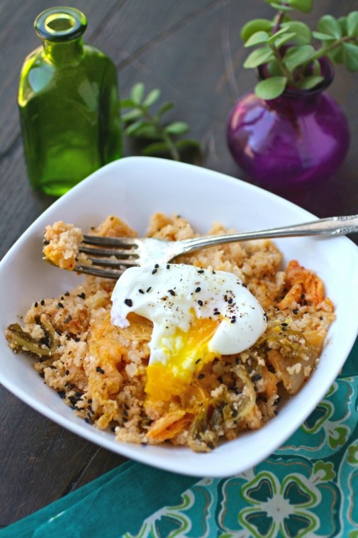 Kimchi and Cauliflower Fried "Rice" with Poached Eggs