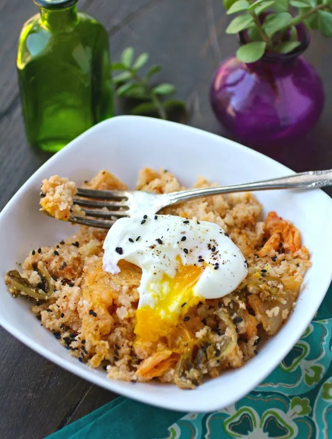 For a simple, flavorful meal, try Kimchi and Cauliflower Fried "Rice" with Poached Eggs