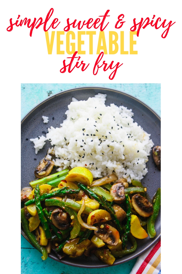 Simple Sweet & Spicy Vegetable Stir Fry is a delicious vegetarian dish. Simple Sweet & Spicy Vegetable Stir Fry is easy to make, tasty, and hearty!